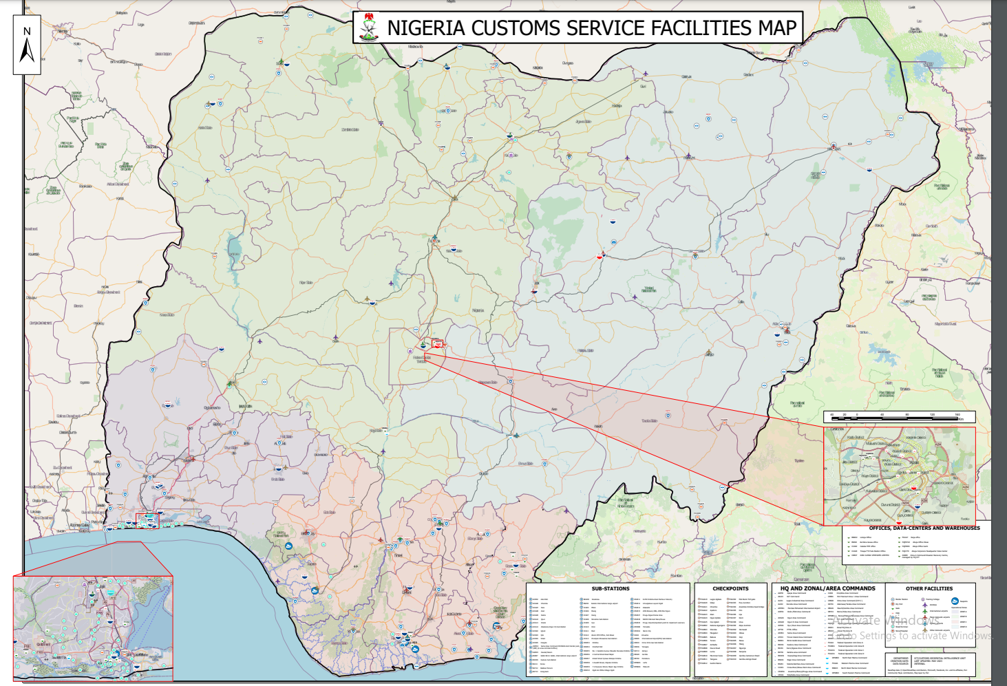 Map of Nigeria Customs Service facilities, sub-stations, checkpoints, and zonal commands